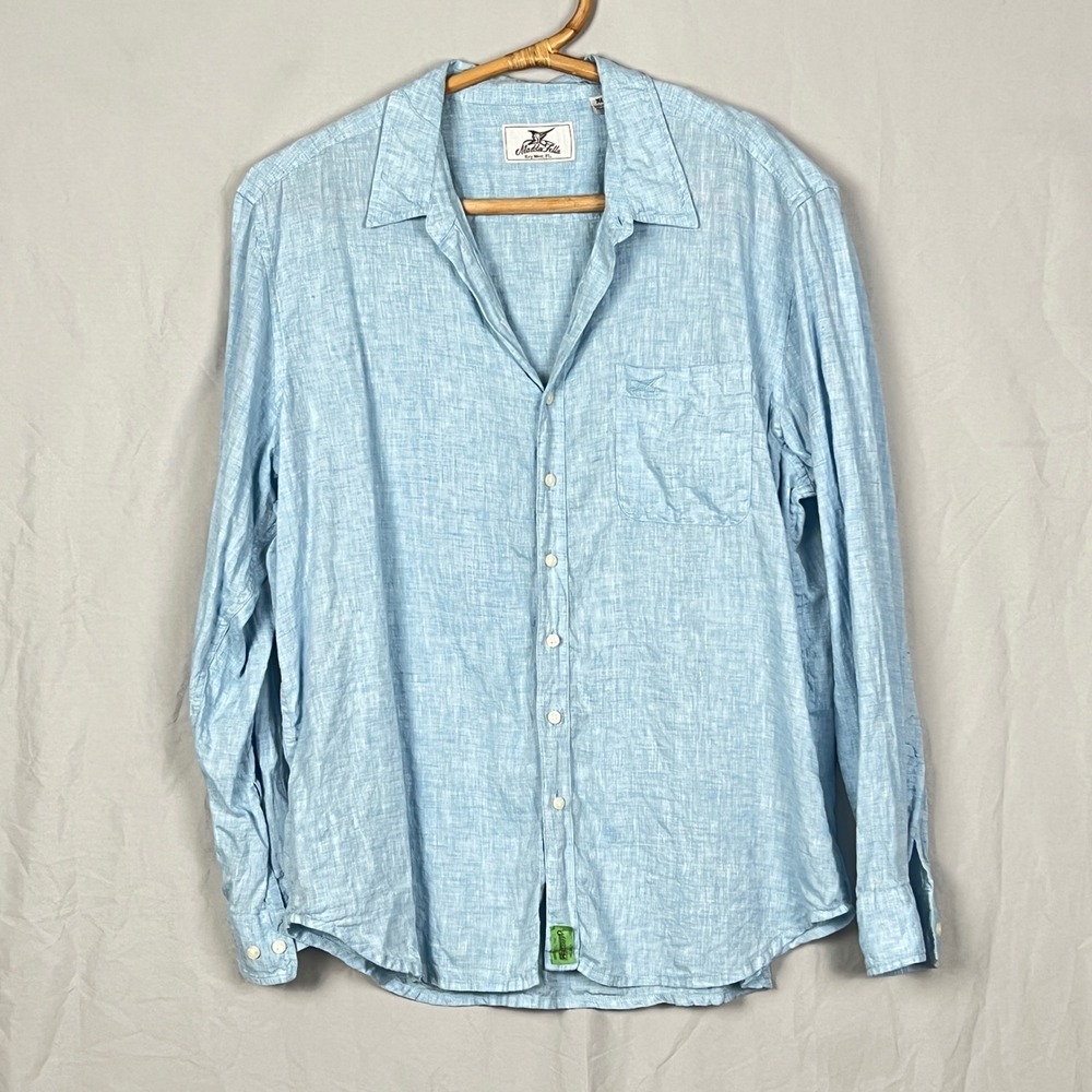 Madda Fella Linen Button Up Shirt Mens XL Long Sleeve Light Blue Coastal Beach
